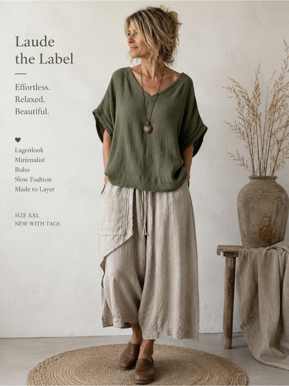 NWT Laude The Label Olive Green Gauzy Cotton Textured Top XXL Transitional Fall